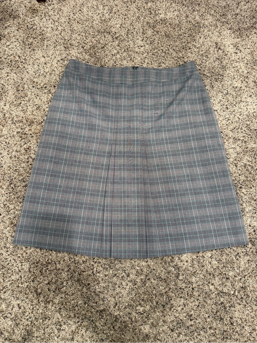 Amanda Smith Grey Plaid A-Line Skirt with Subtle Blue & Pink Stripes
